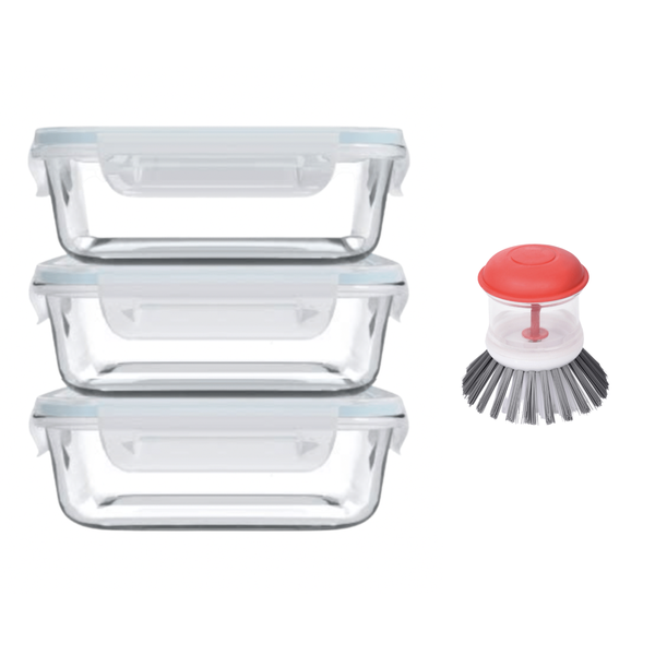 Heat-Resistant Glass Food Containers and Scrubbing Brush - 3-Pack - 1 Litre
