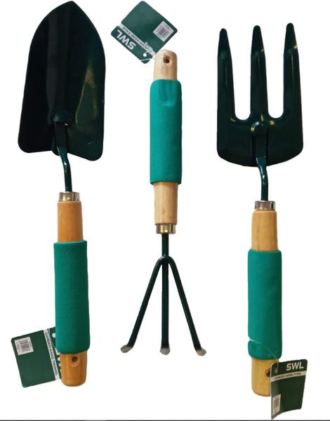 SWL 3-Piece Garden Hand Tool Set - Trowel, Fork &amp; Rake with Wooden Handles