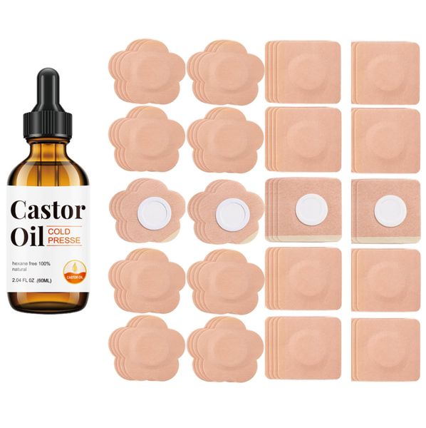 Castor Oil Belly Button Patch Set -60 Pieces and Organic Cold Pressed Castor Oil
