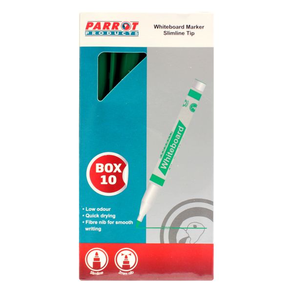 Parrot Whiteboard Marker Slimline - Green (Box of 10)