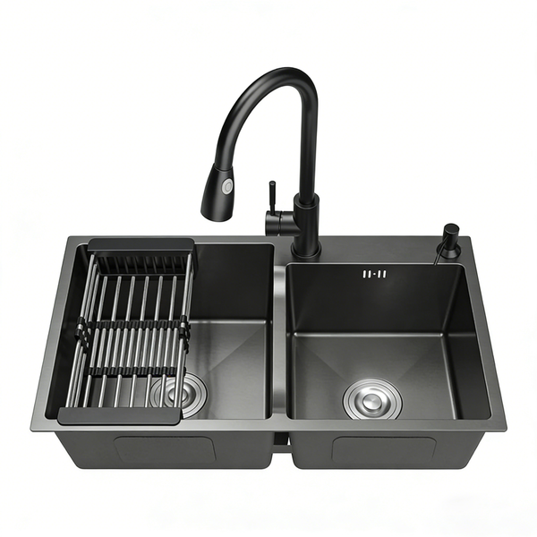 Double Bowl Kitchen Sink with Faucet, Downpipe and Drain Basket
