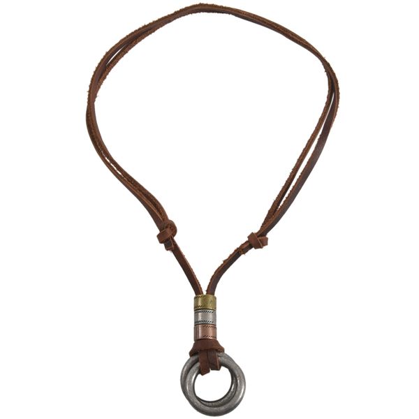 Men Retro Leather Cord Necklace Double Circle Ring Pendant