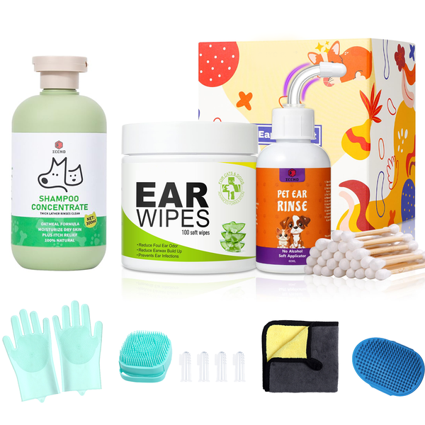 Pet Grooming Set-Pet Shampoo,Eye Wipes,Ear Rinse,Cotton Swabs,Bathing Tool