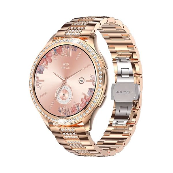 Stainless Smartwatch with jeweled Band and AI Voice Assist