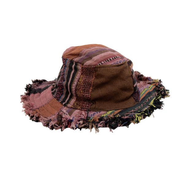 SKA Mix Patch Hemp Woven Cotton Hippie Frill Sun Hat - Maroon