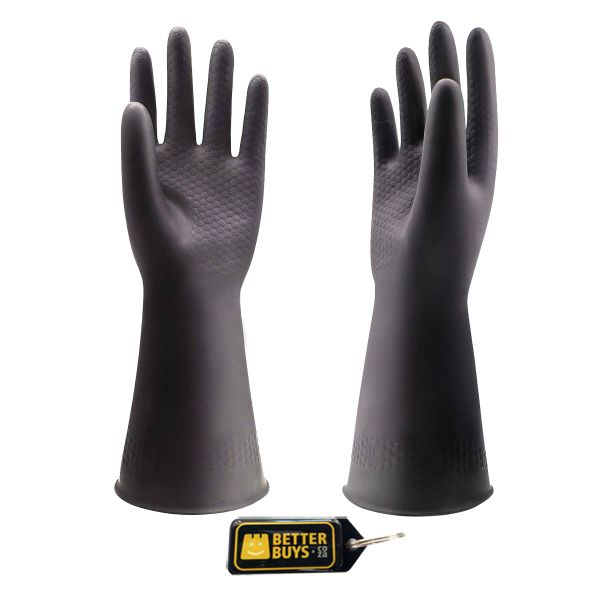 Rubber Household Gloves - Elbow Length - Black - Universal Size &amp; Keyring