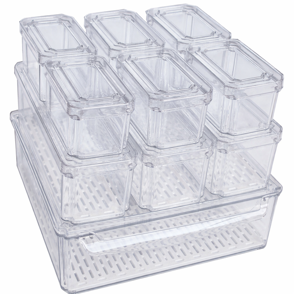 10 Pack - Fridge Organizer with Lids, Stackable Refrigerator Bins