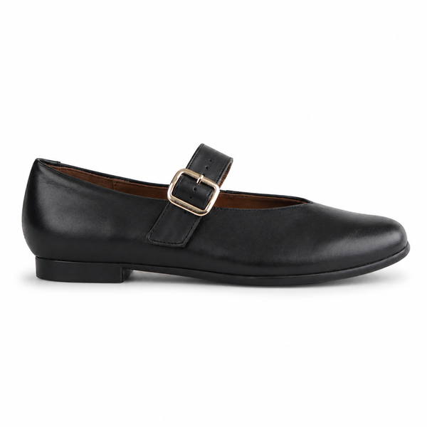 Froggie Women's Mary Jane Flat with Buckle Strap- Black leather