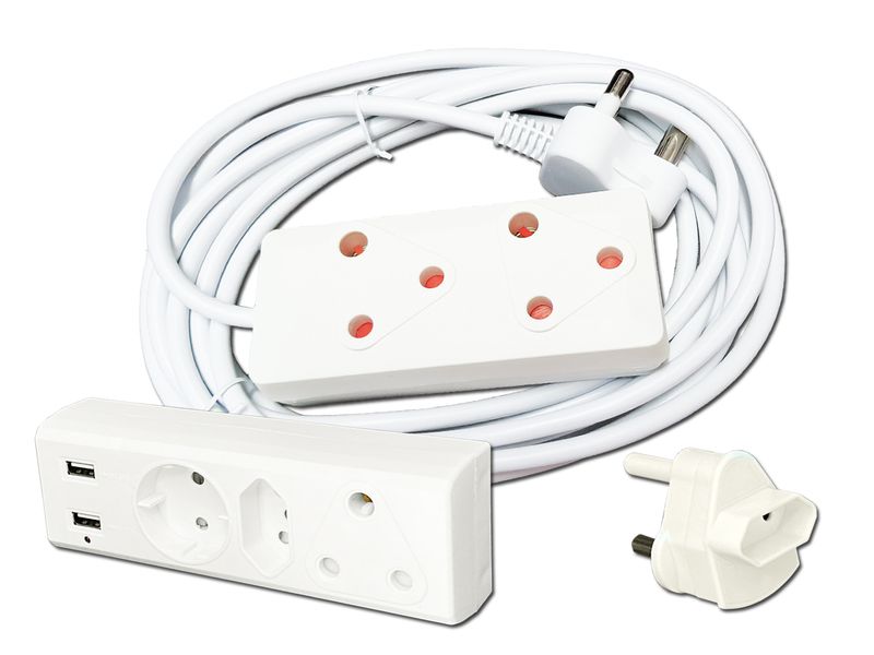 Everlotus extension cord 5M bundle with 3 way USB multiplug and 1 adapter
