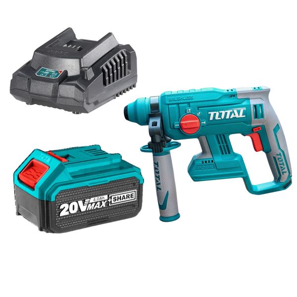 Total Tools - Cordless Brushless Rotary Hammer (20V), Battery &amp; Charger 2.0