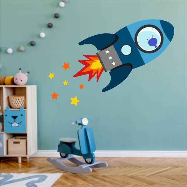 Alien Flying In Blue Rocketship Wall Art