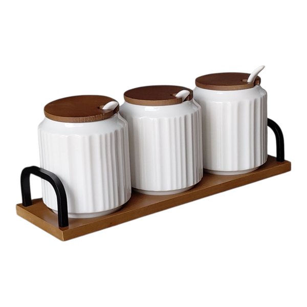 Canister Set Porcelain With Bamboo Lids, Bamboo Tray &amp; Porcealain Spoons