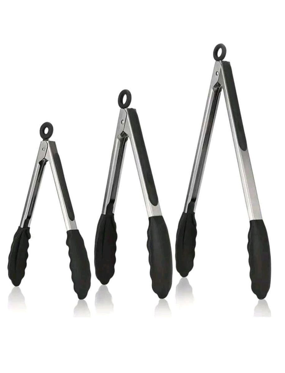 Non stick steak frying pan clip silicone and stainless steel tongs