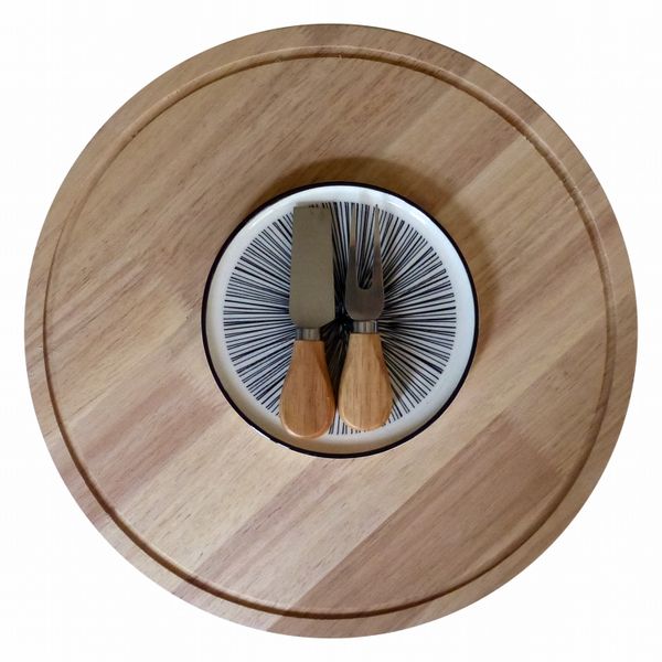 Bamboo Tappas Board with Ceramic Plate and Cheese Knives - 35cm