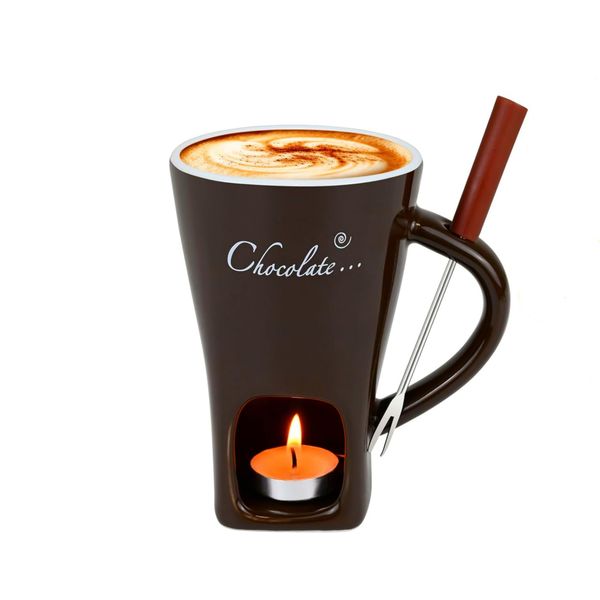 130ml Ceramic Chocolate Fondue Mug with Fork Holder &amp; Handle