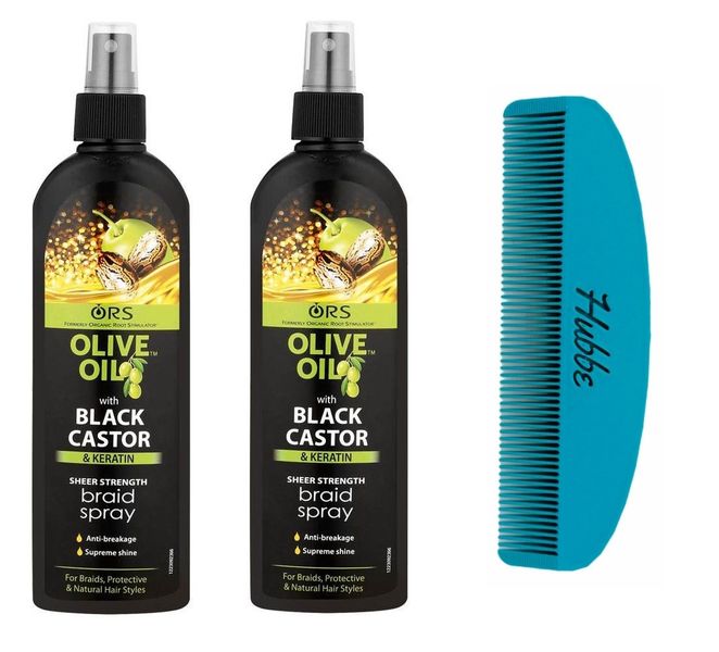 ORS Olive Oil Black Castor Braid Spray 250ml x 2 + Hubbe Detangling Comb