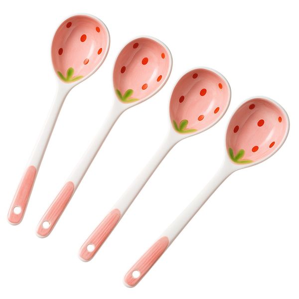 4 Piece - Ceramic Long-Handled Spoon Set - Pink
