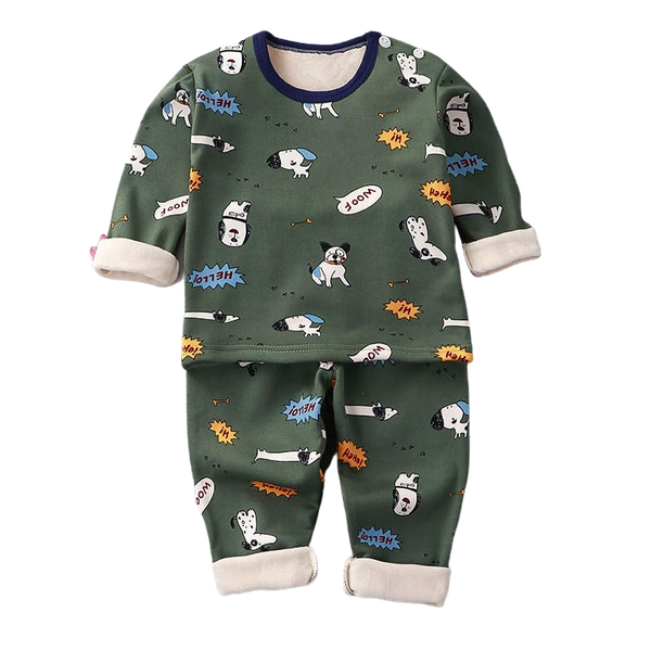 Warm Green Boys Winter Sleepwear/Pyjamas with Fleece Inner - Dogs
