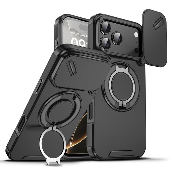 Phone Case Compatible With iPhone 17 Pro Max, Magnetic Rotate Ring, Slide Camera Cove