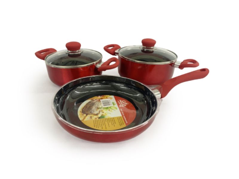 Real Chef Non-Stick Red Casserole Pots and Fry Pan Combo 5 Piece Set