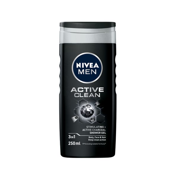 NIVEA MEN Active Clean 3in1 Shower Gel Wash with Active Charcoal, 250ml
