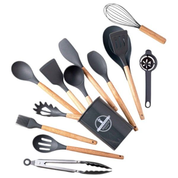 14Pcs - Silicone Kitchen Utensils With Wooden Handle - Khaki