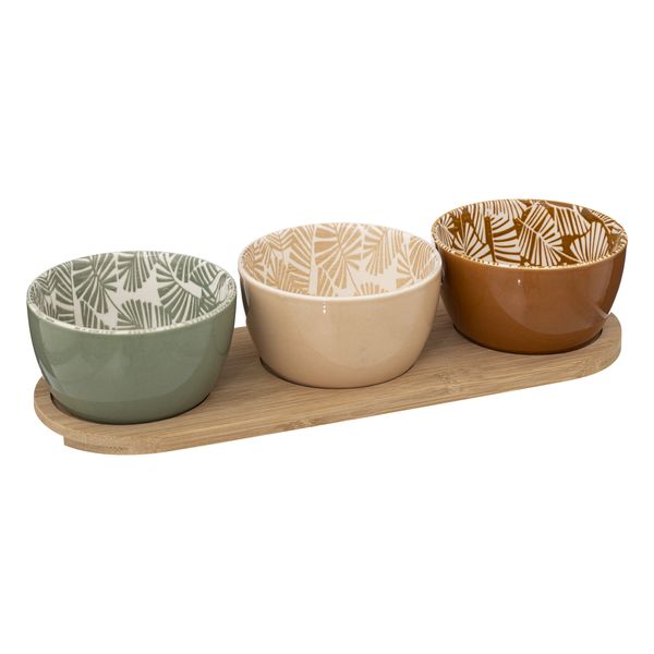Secret &amp; Gourmet Ceramic Appetizer Bowls 3Piece including Bamboo Serving Tray