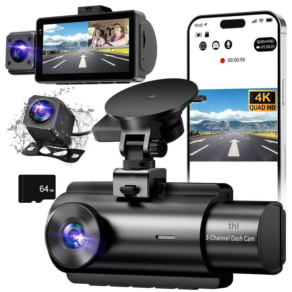 thl 4K Full HD Dash Camera for Cars, Front,Rear,Inside, 64GB Card, G-Sensor