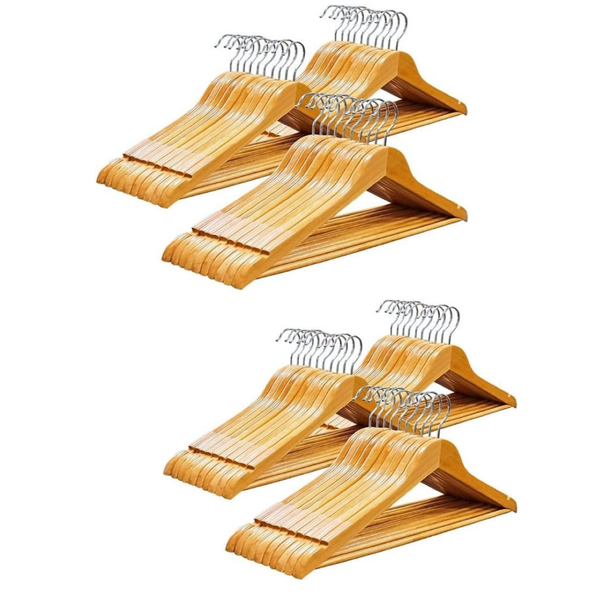 Quality Wooden Hanger Clothes 60 Packs Non-Slip Bar Swivel Hook Brown