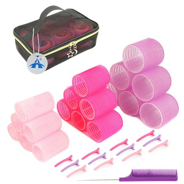 ALANES 3 Sizes Self Grip Hair Rollers Set with 12 Hair Clips - 33 Pieces