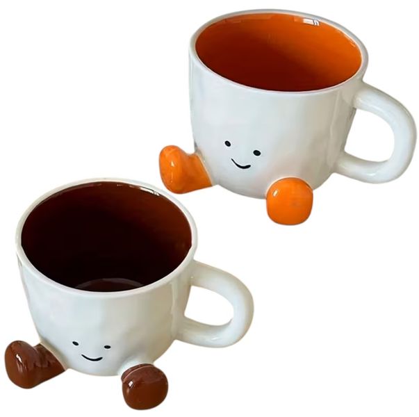 Pack Of 2 Creative Ceramic Couple Cartoon Mugs - Brown/Orange/White