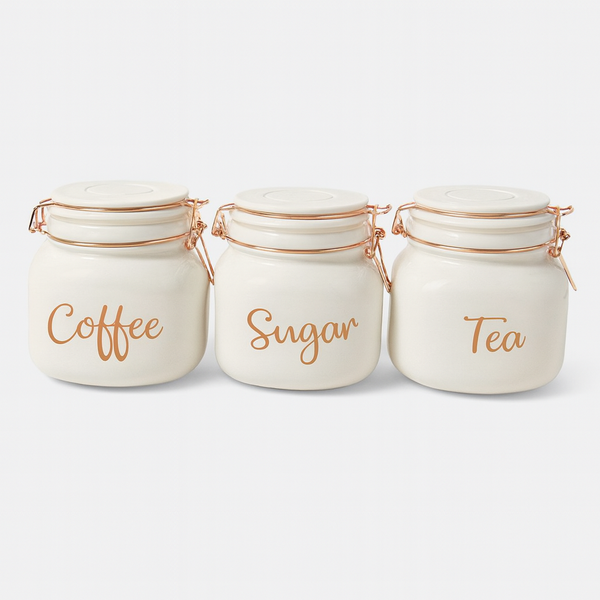 3-Piece White Ceramic Coffee, Sugar &amp; Tea Canister Set with Rose Gold