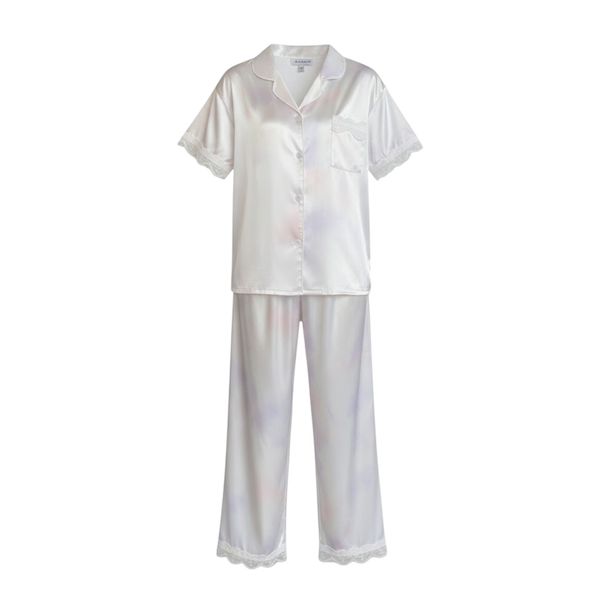 Silky Short-Sleeve Button-Up Pajama Set with Lace Trim - Pearl White