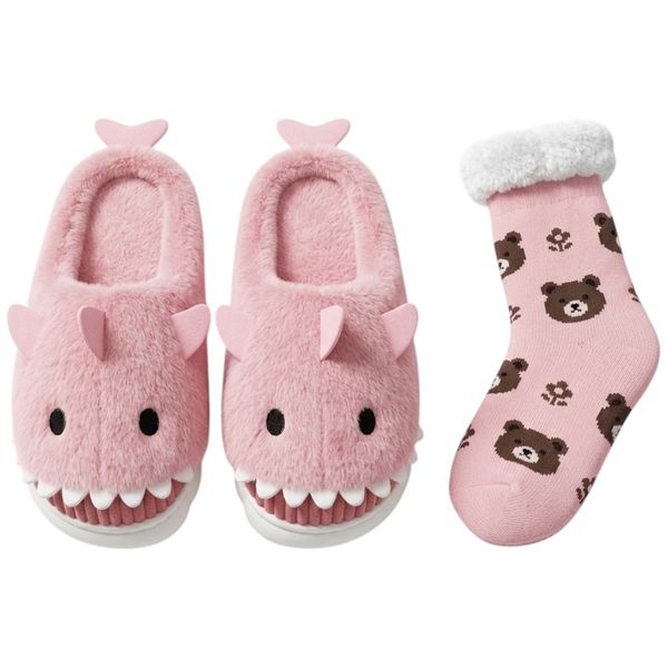4 Piece Kid Gift Cute Fluffy Shark Collection Cute Slipper &amp; Winter Socks