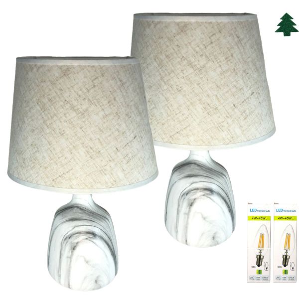 Fabric Bedside Lamp Shade with White Ceramic Set Of 2