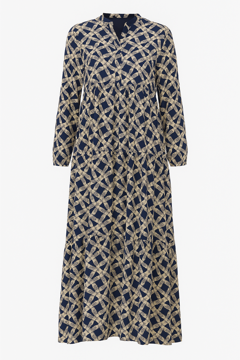 Amiiraa Navy Blue and Cream Geometric Print Cotton Abayah Dress