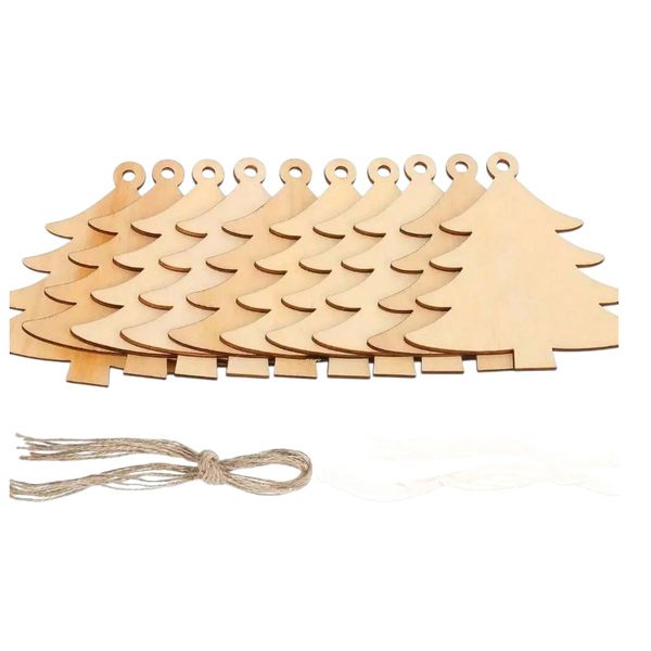 10 Piece Wooden Christmas Tree Hanging Ornaments With Twine - Brown