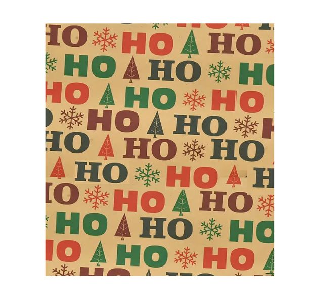 Vintage Christmas Tree &amp; HO! HO! Themed Kraft Wrapping Paper Roll