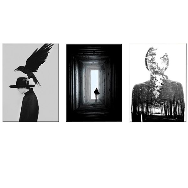 Canvas-Art-3 Pieces Mna &amp; Crow Black &amp; White Woman Forest Wall Art