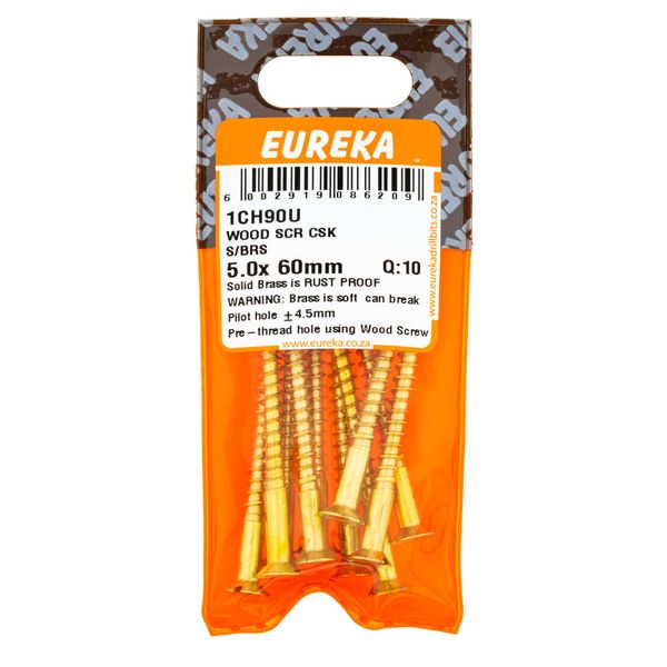 EUREKA Wood Screw Countersunk Solid Brass 5 x 60mm Q:10 1CH90U