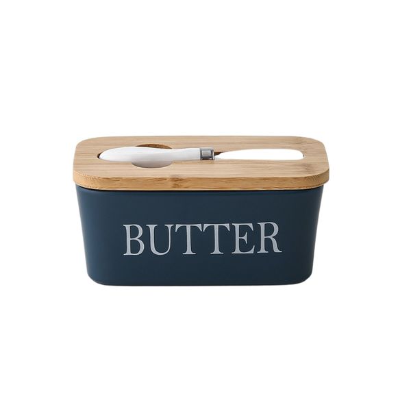 Pruchef - Bamboo Lid Butter Storage Box With Dual Silicon Ring - Blue