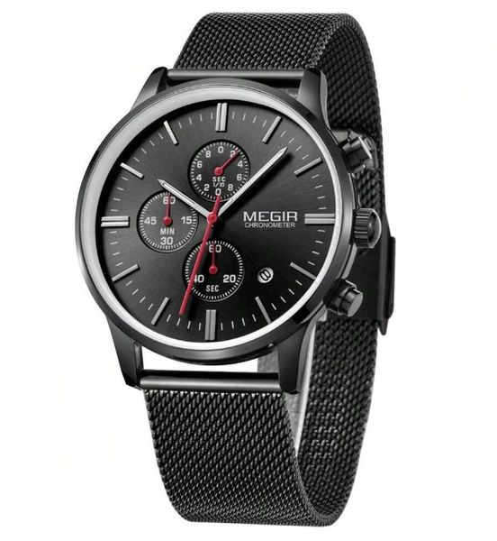 MEGIR - Chronograph Quartz Watch With Stainless Steel Mesh Strap - Black