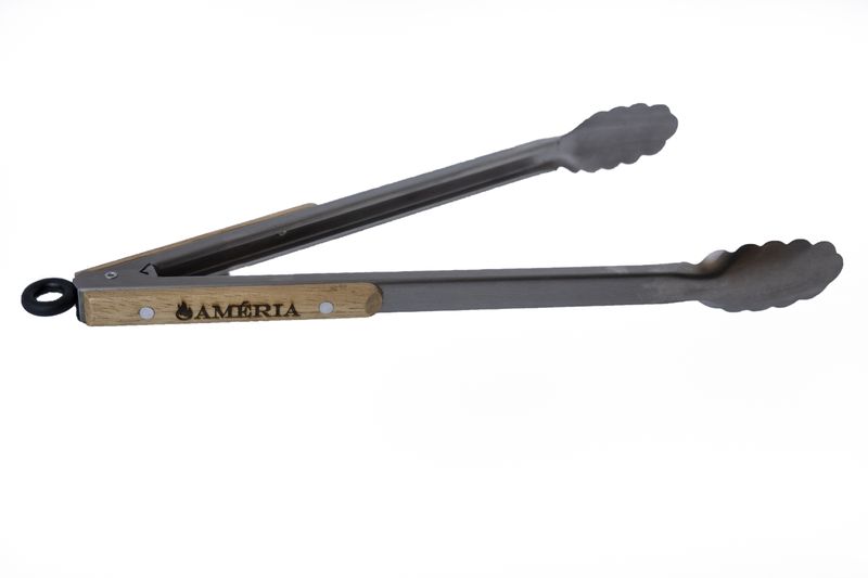 Stainless steel and wood braai tong with locking mechanism - 400mm