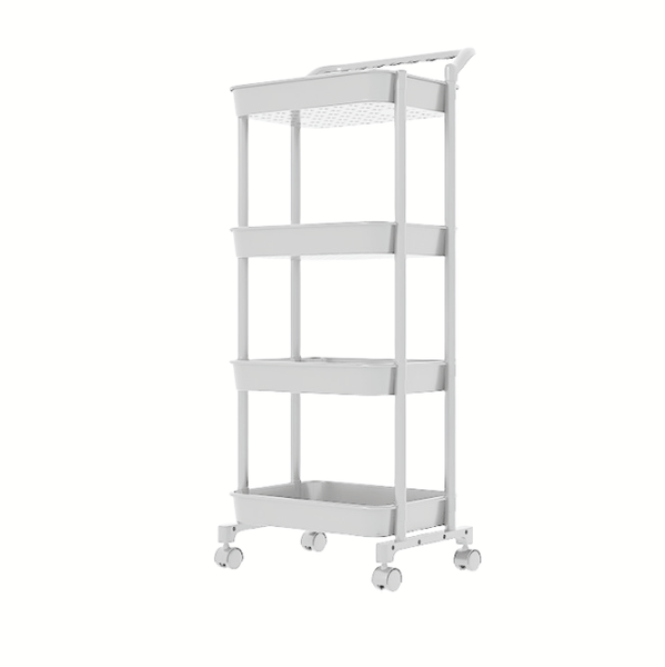 Trolley with Handrail,Storage Racks with Wheel,4-Tier Organizer - White