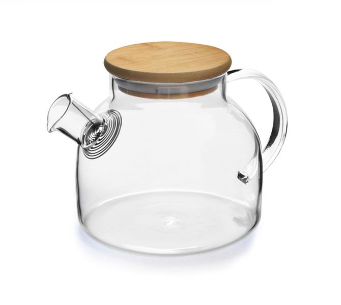 Teapot 1 Litre Traditional Borosilicate Glass With Wooden Lid