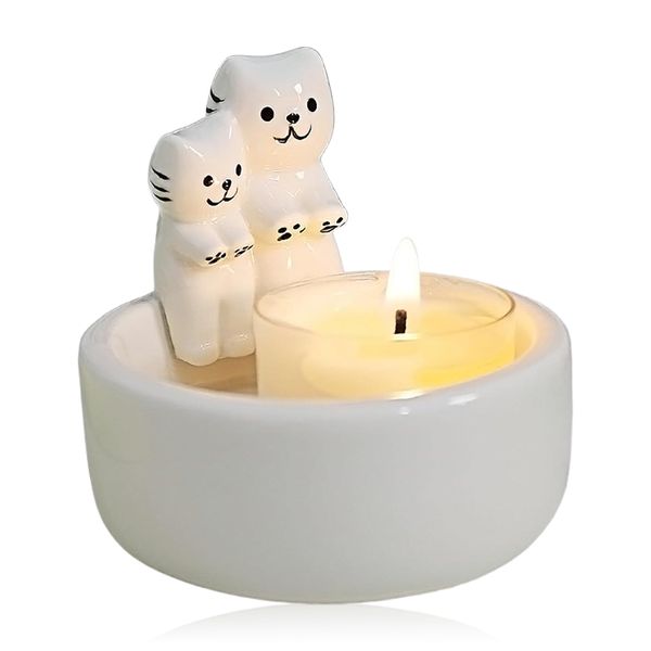 Cartoon Kitten Candle Holder-White Ceramic Tea Light Candlestick for Gift