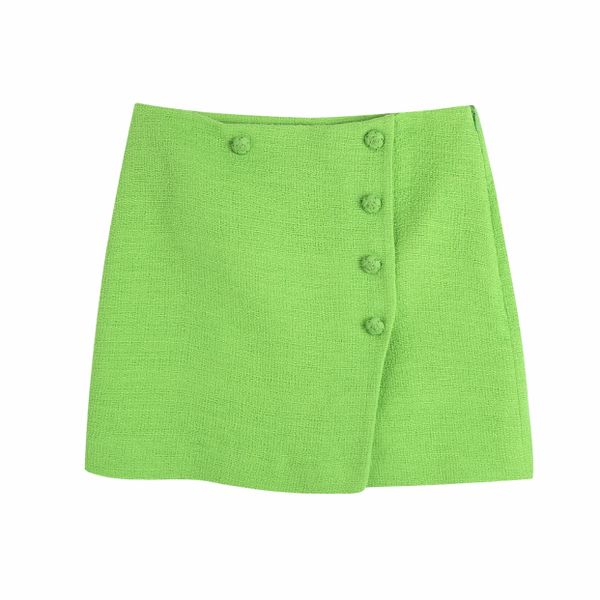 Green Side Slit Mini Skirt with Buttons