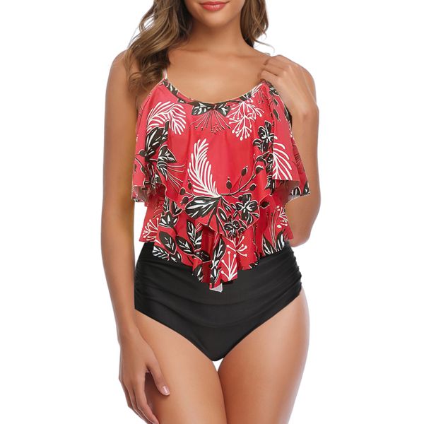 Olive Tree - Ladies Ruffled High Waist Tummy Control Swimsuit - Red