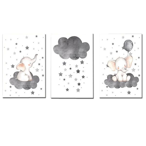 Canvas-Art-3 Pieces Grey Elephant Cloud Cartoon Nursery Wall Art