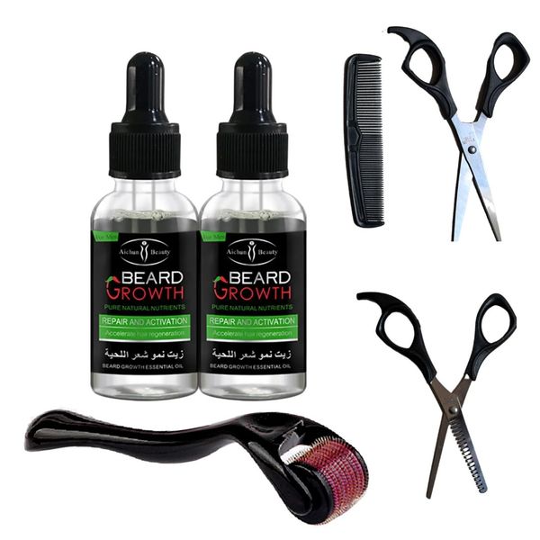 Beard Growth Oil 2 Pack, Derma Roller, Hair Cutting Scissors Kit and comb